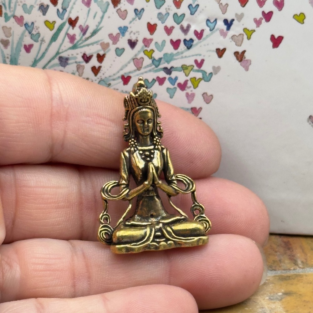 BG18 Brass Guan Yin Figurine Gold Meditating Buddha Statue Small 1.25" Zen Charm